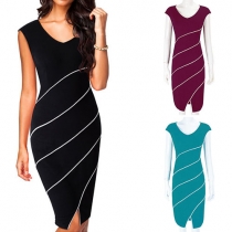 Elegant Sleeveless V-neck Slit Hem Striped Pencil Dress