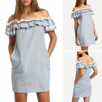 Sexy Off-shoulder Boat Neck Lace Spliced Ruffle Striped Dress