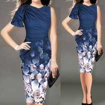 Elegant Style Sleeveless Round Neck High Waist Slim Fit Printed Dress