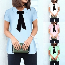 Fashion Solid Color Short Sleeve POLO Collar Bowknot T-shirt