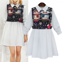 Fashion Long Sleeve POLO Collar White Dress + Printed Top Two-piece Set