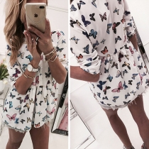 Fashion 3/4 Sleeve Round Neck Butterfly Printed Dress