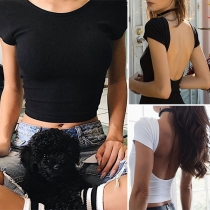 Sexy Backless Short Sleeve Round Neck Solid Color Crop Top