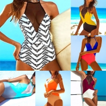 Sexy Backless Gauze Spliced Contrast Color One-piece Swimsuit