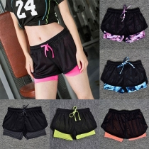Fashion Contrast Color Elastic Waist Double-layer Sports Shorts