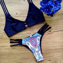 Sexy Solid Color Bikini Top + Low-waist Printed Bikini Bottom Two-piece Set