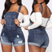 Distressed Style High Waist Ripped Denim Dungarees Shorts