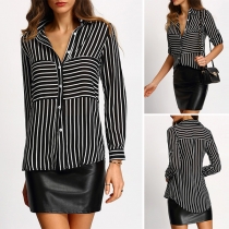 Fashion Long Sleeve POLO Collar High-low Hem Striped Shirt