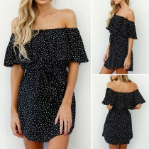 Sexy Off-shoulder Boat Neck Ruffle Dots Printed Dress