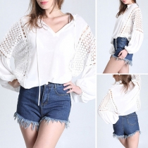 Sexy Hollow Out Lace Spliced Long Sleeve V-neck Solid Color Blouse