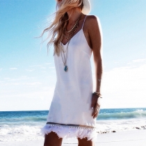 Fashion Solid Color V-neck Feathers Tassel Hem Cami Dress