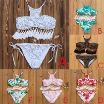 Sexy Printed Tassel Lace-up Halter Bikini Set