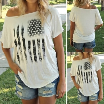Fashion Oblique Shoulder Short Sleeve Printed Loose T-shirt