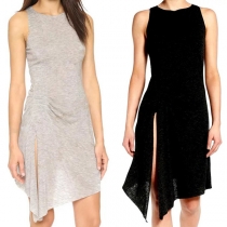 Fashion Solid Color Sleeveless Round Neck Slit Hem Tank Dress