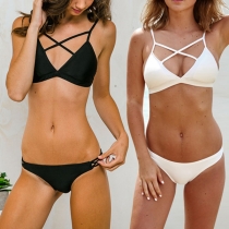 Sexy Crossover Hollow Out Solid Color Bikini Set
