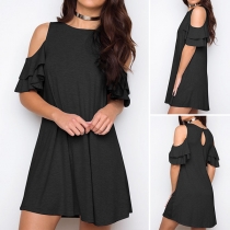 Sexy Off-shoulder Lotus Sleeve Round Neck Solid Color Dress