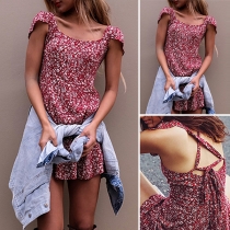 Sexy Backless Cap Sleeve Round Neck Printed Dress