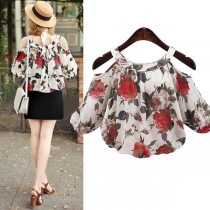 Sexy Off-shoulder 3/4 Sleeve Round Neck Printed Chiffon Blouse