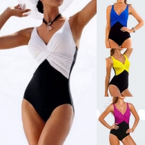 Sexy Backless Deep V-neck Contrast Color One-piece Swimsuit