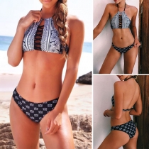 Sexy Printed Hollow Out Halter Bikini Set