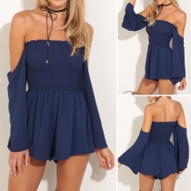 Sexy Off-shoulder Trumpet Sleeve High Waist Solid Color Romper