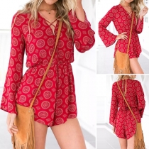Fashion Long Sleeve V-neck Elastic Waist Printed Romper