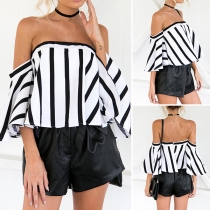 Sexy Off-shoulder Boat Neck Trumpet Sleeve Striped Top