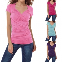Fashion Solid Color Short Sleeve V-neck Wrinkled T-shirt