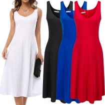 Elegant Solid Color Sleeveless V-neck High Waist Dress