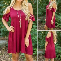 Sexy Off-shoulder Lotus Sleeve Round Neck Solid Color Dress