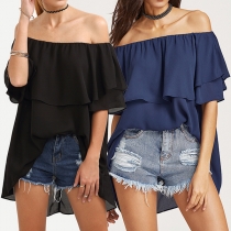 Sexy Off-shoulder Boat Neck Solid Color High-low Hem Chiffon Top