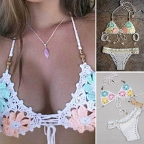Sexy Contrast Color Hollow Out Crochet Halter Bikini Set