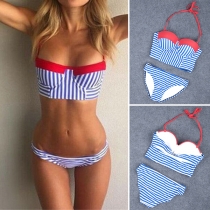 Navy Style Contrast Color Striped Printed Halter Bikini Set