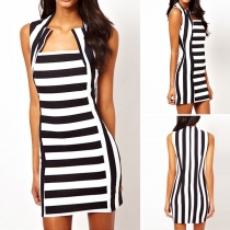 Fashion Sleeveless Square Collar Slim Fit Striped Dress