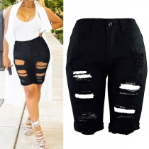 Distressed Style High Waist Ripped Knee Shorts