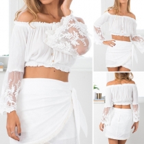 Sexy Off-shoulder Lace Spliced Trumpet Sleeve Crop Top 