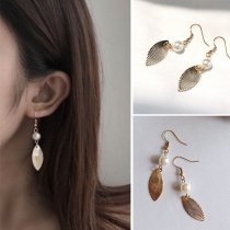 Retro Style Pearl Leaf Pendant Earrings