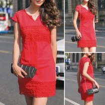 Fashion Solid Color Short Sleeve V-neck Lace Spliced Dress