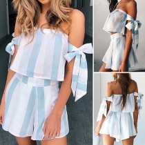 Sexy Off-shoulder Crop Top + High Waist Shorts Striped Two-piece Set
