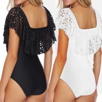 Sexy Off-shoulder Boat Neck Solid Color One-piece Swimsuit