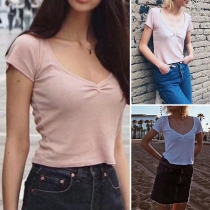 Fashion Solid Color Short Sleeve V-neck T-shirt