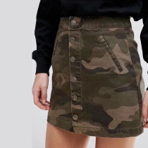 Fashion Camouflage printed High Waist Single-breasted A-line Skirt