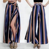Fashion Lace-up High Waist Slit Hem Striped Wide-leg Pants