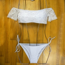Sexy Off-shoulder Short Sleeve Lace Top + Low-waist Panty Bikini Set 