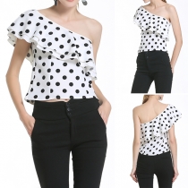 Sexy One-shoulder Ruffle Dots Printed Chiffon Top