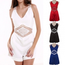 Sexy Backless V-neck Hollow Out Lace Spliced High Waist Solid Color Romper