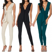 Sexy Deep V-neck Sleeveless High Waist Solid Color Jumpsuit