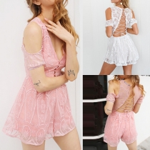 Sexy Backless Off-shoulder Deep V-neck Lace Romper