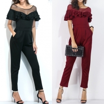 Sexy Gauze Spliced Ruffle High Waist Slim Fit Solid Color Jumpsuit