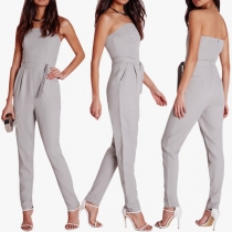 Sexy Strapless High Waist Slim Fit Solid Color Jumpsuit